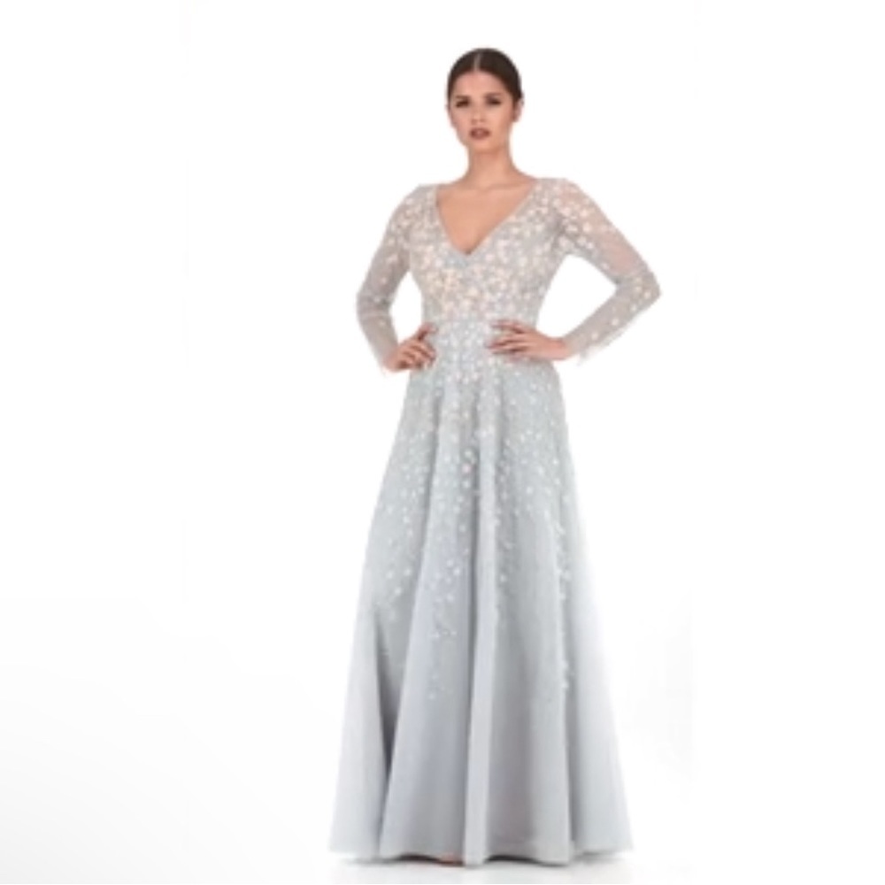 Mac Duggal Silver-Gray Embroidered V-Neck Maxi Gown
